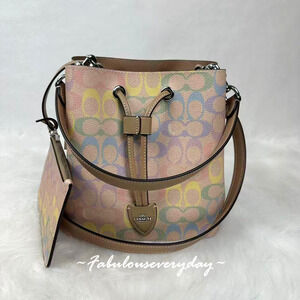 Coach Rowan Bucket Bag Crossbody Rainbow Sig Canvas/Sand Multi CDA92 + Pouch NWT